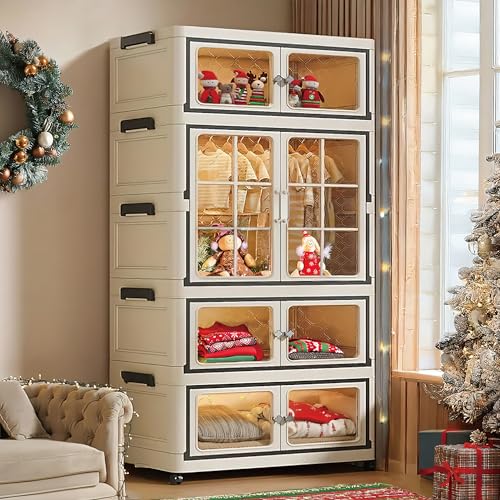 SunSettler Storage Cabinets with Lids, Stackable Storage with Wheels, Collapsible Storage with Doors, Home Office Dorm Organizer Essential - size: Tier 3+1