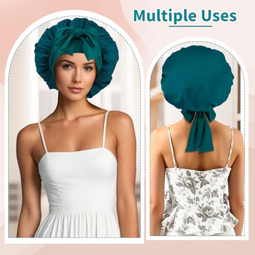 Satin Bonnet Set, Hair Bonnet for Sleeping Silk Bonnet with Eye Mask for Women Curly Hair - color: Peacock Blue