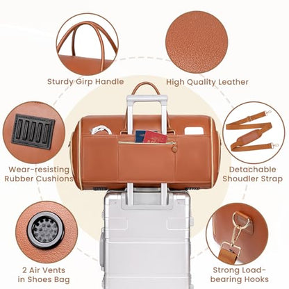 Suit Bag,Vessgra 56L Garment Bags for Travel,2 in 1 Leather Duffle Bags for Men Women, PU Leather Convertible Travel Bag with Shoe Compartment,Work Weekender Bussiness Wedding,Reddish Brown - color: Reddish Brown