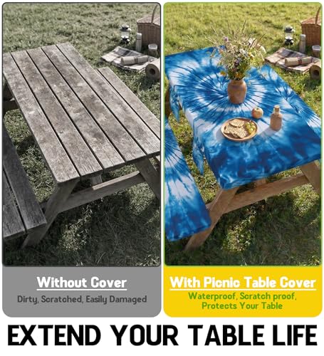 Picnic Table Cover with Bench Covers Camping Essentials Windproof Waterproof Patio Outdoor Tablecloth with Storage Bag, Fitted Rectangle Tables and Seats Tablecover for Rv Owner Camper 96in - color: Blue Tie-dye, size: 96in
