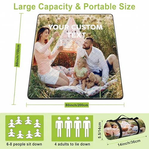 Personalized Waterproof Sandproof Beach Blanket 80''x80'', 3-Layer Foldable Picnic Blanket with Carry Strap, Camping Travel Outdoor Mat for Beach Park Hiking (Custom Text Photo) - color: Custom Text Photo