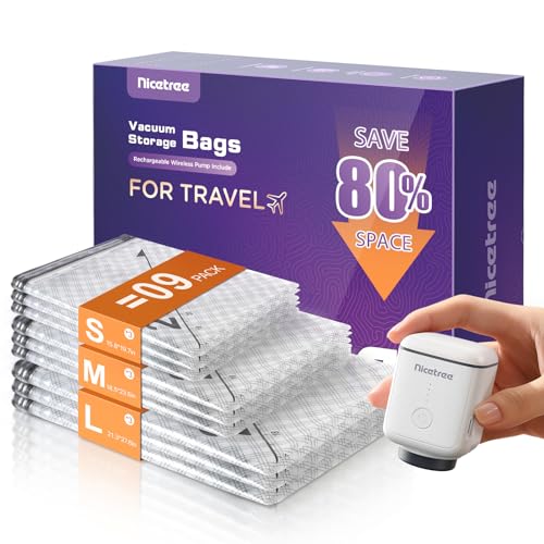 Nicetree 9-Pack Vacuum Bags for Travel with Rechargeable Pump, Compression Packing Bags for Carry-On Luggage & Suitcase, Vacuum Seal Bags for Clothing, 3 Sizes for Travel & Home Storage - style: 9 Combo Set