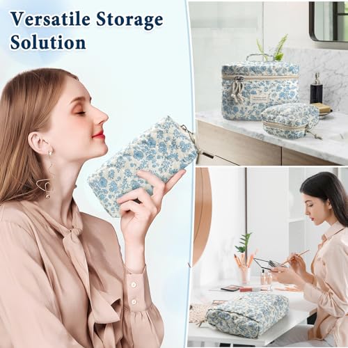 NATINSA Cute Makeup Bag for Women(2 Pcs), Travel Cosmetic Bags, Quilted Coquette Aesthetic Floral Toiletry Organizer Bag (46 - Sky Blue/4Pcs) - color: 46 - Sky Blue/4Pcs