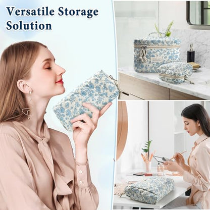 NATINSA Cute Makeup Bag for Women(2 Pcs), Travel Cosmetic Bags, Quilted Coquette Aesthetic Floral Toiletry Organizer Bag (46 - Sky Blue/4Pcs) - color: 46 - Sky Blue/4Pcs