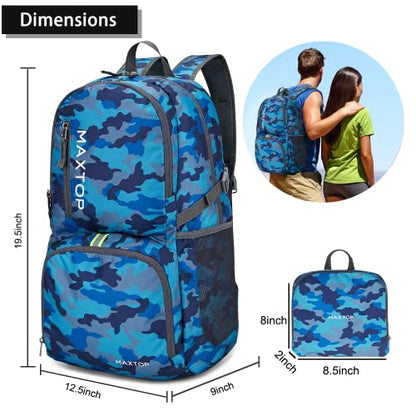 MAXTOP 40/50L Lightweight Packable Backpack for Hiking Traveling Camping Water Resistant Foldable Outdoor Travel Daypack - color: Camo Blue