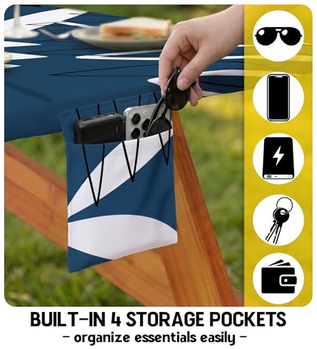 Picnic Table Cover with Bench Covers Tablecloth Glamping Essentials Gear Table Cloth Outdoor Summer Motorhome Cool Fun Unique Ideas Gifts for Camper Camping Lovers RV Owner Family Couple Dad Men Male - color: Blue White Leaves, size: 72in
