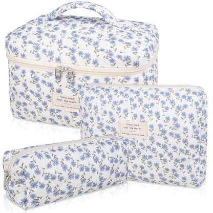 Gosect Makeup Bag Set, Quilted Makeup Bag, Large Floral Cosmetic Bag for Women, Cute Cotton Makeup Bags, Flower Travel Toiletry Organizer Bag (Blue Peacock Flower) - color: Blue Peacock Flower