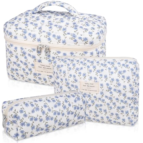 Gosect Makeup Bag Set, Quilted Makeup Bag, Large Floral Cosmetic Bag for Women, Cute Cotton Makeup Bags, Flower Travel Toiletry Organizer Bag (Blue Peacock Flower) - color: Blue Peacock Flower