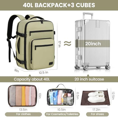 LOVEVOOK Travel Backpack For Women,40L Carry On Backpack Flight Approved,TSA Personal Item Travel Bag Fits 17 Inch Laptop,Weekender Overnight Daypack with Toiletry Bag and Cube,White Light-brown - color: Green, size: 17.3 Inch-40L-4Pcs