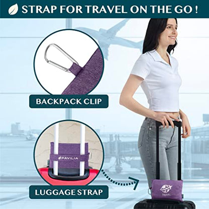 PAVILIA Travel Blanket Compact, Airplane Packable Bag, Soft Fleece Portable Throw Pillow Combo Set, Plane Flight Car Trips Essentials Gift Accessories, Luggage Backpack Clip, Purple, 65 x 40 Inch - color: Purple