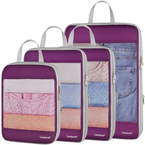 Cambond See Through Mesh Compression Packing Cubes - 4 Piece Expandable Space Saving Packing Cubes for Travel, Lightweight Travel Bags Luggage Packing Organizer Essentials for Suitcases, Purple - color: 01 Purple, size: 4-Piece Set (Weekend/Short Trip Ess