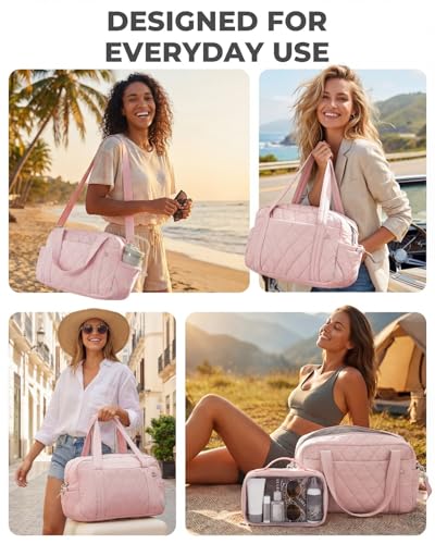 Percover Weekender Bag for Women, Ultra Lightweight Travel Duffle, Carry On Personal Item Overnight Bag with Toiletry Pouch & Compartments, Quilted Gym & Travel Bag, Blush Pink - color: Blush Pink