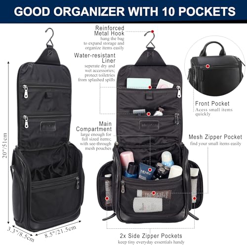 Masa Kawa Leather Hanging Travel Toiletry Bag for Men Portable Expandable Camping Cosmetics Makeup Toiletries Organizer Waterproof Bathroom Shaving Kit Black Wash Bags - color: Black