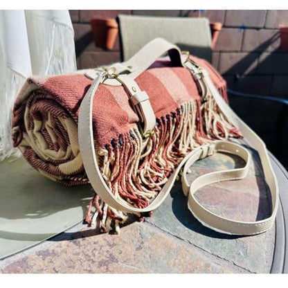 Picnic Blanket Extra Large Waterproof with Strap 59"x79" - Machine Washable Tassels Faux Wool Cashmere for Park, Grass, Camping, Hiking, Concerts (Latte with white shoulder strap, 59"X79") - color: Latte With White Shoulder Strap