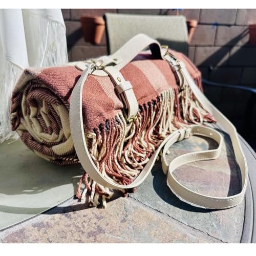 Picnic Blanket Extra Large Waterproof with Strap 59"x79" - Machine Washable Tassels Faux Wool Cashmere for Park, Grass, Camping, Hiking, Concerts (Latte with white shoulder strap, 59"X79") - color: Latte With White Shoulder Strap