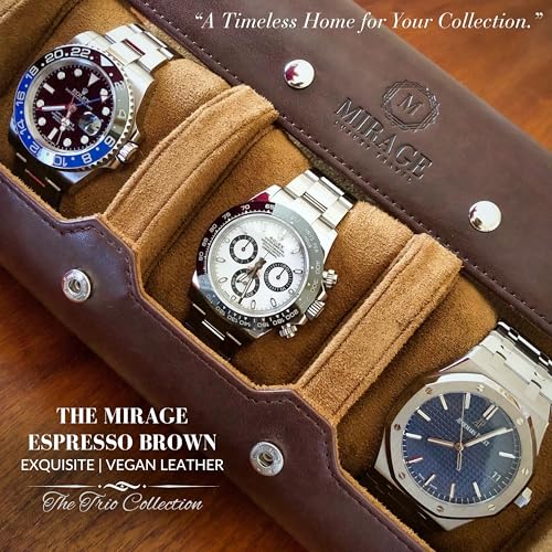 Watch Travel Case for Men Watch Roll for Travel Organizer and Display Watch Case - Swiss Espresso Vegan Leather Watch Case - color: Espresso Finish 3-watch case