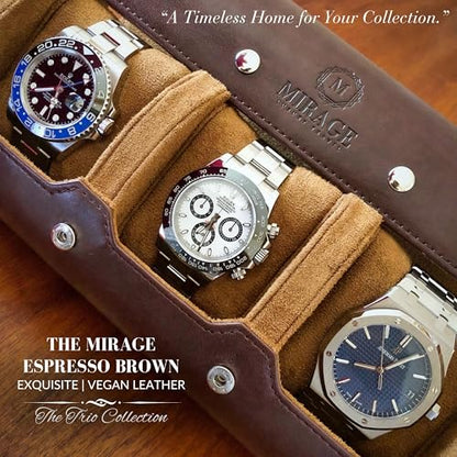 Watch Travel Case for Men Watch Roll for Travel Organizer and Display Watch Case - Swiss Espresso Vegan Leather Watch Case - color: Espresso Finish 3-watch case