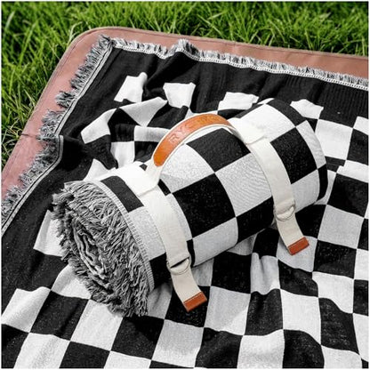 2 in 1 Extra Large Boho Beach Blanket Towel Picnic Mat Outdoor Rug Adult Men Guy Him Brother Dad Boyfriend Uncle Niece Best Friend Friendship Grandpa Husband Son Happy Birthday Cool Unique Gift - color: Checkered Black