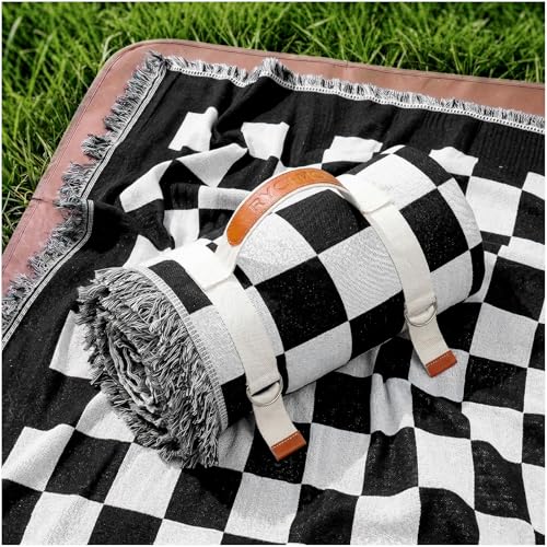 2 in 1 Extra Large Boho Beach Blanket Towel Picnic Mat Outdoor Rug Adult Men Guy Him Brother Dad Boyfriend Uncle Niece Best Friend Friendship Grandpa Husband Son Happy Birthday Cool Unique Gift - color: Checkered Black