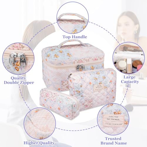 Gosect Makeup Bag Set, Quilted Makeup Bags, Large Floral Cosmetic Bag for Women, Cute Cotton Makeup Bags, Flower Travel Toiletry Organizer Bag (Folk Style) - color: MZF