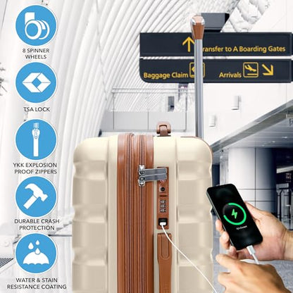 Flight Knight 22x18x10 Expandable Carry On Suitcase Hardside TSA Lock & USB C Port Lightweight Luggage Silent Double Spinner Wheels Maximum Spirit Overhead Carry-On Bag Airlines Approved Cream - color: Cream/Tan, size: 22x18x10"