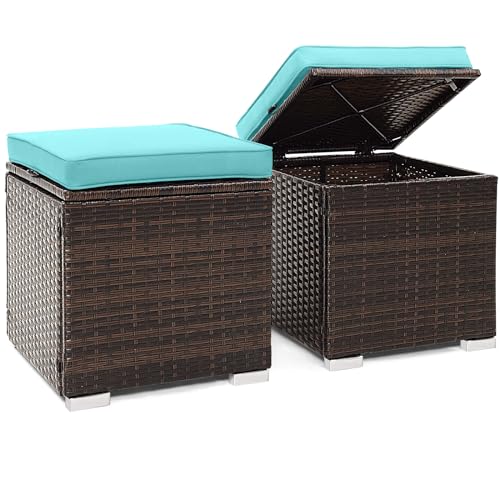 Tangkula 2 Pieces Patio Ottomans, Patiojoy Hand-Woven PE Rattan Side Table with Removable Cushion & Hidden Storage Space, Multifunctional Storage Box, Seat for Patio, Backyard, Poolside (Turquoise) - color: Turquoise, size: 16"D x 16"W x 15.5"H
