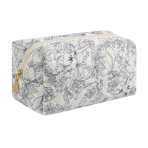 Makeup Bag Travel Cosmetic Bag for Women Girls, Zipper Make Up Pouch, Floral Flowers Toiletry Organizer Makeup, Portable Storage Bag, Cosmetic Travel Cloth Bag (Navy Blue Flower) - color: A3 Navy Blue Flower