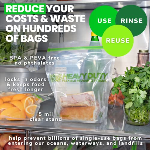 HEAVY DUTY Reusable STAND-UP Bags for Food Storage by Smelly Proof, USA Made, NO PEVA & BPA FREE, Reusable Freezer Bags, Dishwasher-Safe, Triple Zip, CLEAR 5-mils LRG Quart 8.75" x 9.5" - 5pk - size: 5pk Quart 8.75" x 9.5"