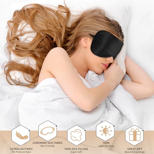 Silk Sleep Mask 100% 22 Momme Mulberry, Sleep Eye Mask for Women Men, Blackout Blindfold with Adjustable Strap, Side Sleeper Eye Cover, Soft Eyeshade Filled with Premium Mulberry Silk (Black) - color: 22 Momme-black