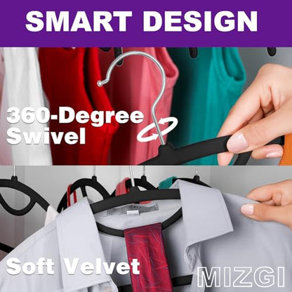 MIZGI Premium Velvet Hangers 50-Pack,No Shoulder Bump Hangers W/Tie Bar Ultra Thin Space Saving Non Slip Hanger Heavy Duty Felt Rounded Clothes Hanger for Sweaters,Coat,Jackets,Pants,Shirts - color: Black/Silver Hook, size: 50 Pack