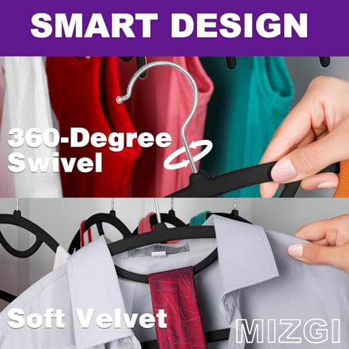 MIZGI Premium Velvet Hangers 50-Pack,No Shoulder Bump Hangers W/Tie Bar Ultra Thin Space Saving Non Slip Hanger Heavy Duty Felt Rounded Clothes Hanger for Sweaters,Coat,Jackets,Pants,Shirts - color: Black/Silver Hook