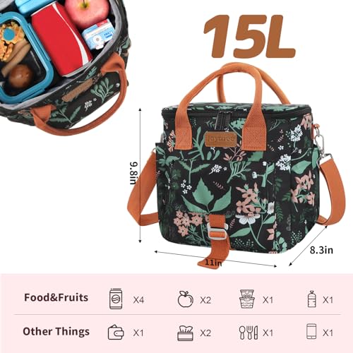 Joymee Large Insulated Lunch Bag Women Reusable Waterproof - Green Leaf | Large Spacious, Cooler Lunch Bag, Adjustable Shoulder Strap, With Side Pocket, Bottle Holder, for Office Work Picnic Travel - color: Green Leaf