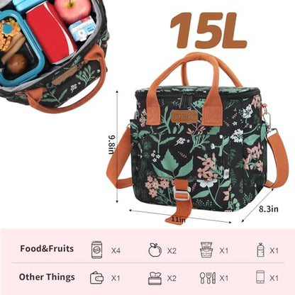 Joymee Large Insulated Lunch Bag Women Reusable Waterproof - Green Leaf | Large Spacious, Cooler Lunch Bag, Adjustable Shoulder Strap, With Side Pocket, Bottle Holder, for Office Work Picnic Travel - color: Green Leaf