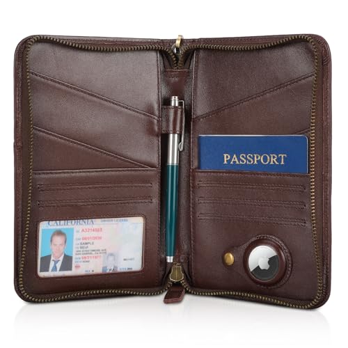 Polare Full Grain Leather Passport Holder Cover Case for Men and Women RFID Blocking Family Travel Wallet Holds 6 Passports - color: Coffee with AirTag Slot