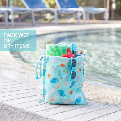 Bumkins - Waterproof Wet Bag & Clear Travel Bags - For Beach, Baby, Travel, Swim Suit, Cloth Diapers, Pump Parts, Pool, Gym, Toiletries - Reusable & Easy to Clean - Ocean Life Blue - 4 Pack - color: B1 Ocean Life