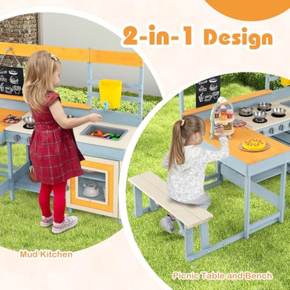 HONEY JOY Mud Kitchen & Kids Picnic Table, 2 in 1 Fir Wood Play Kitchen w/Built-in Bench, Blackboard, Water Box, Sink, Dessert & Cookware, Outdoor Kitchen Playset for Backyard