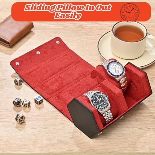 Leather Watch Roll for 2 Watches - Velvet-Lined Travel Case, Luxury Watch Rolls Organizer with Storage & Display for Men (2 Slot-Black/Red) - color: 2 Slot-Black/Red