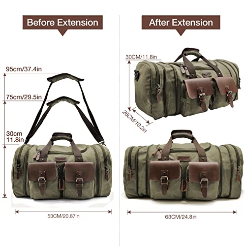 Wildroad 50L Travel Duffel Bag, Expandable Canvas Genuine Leather Duffle Bag Upgraded Overnight Weekender Carry on Bag - color: Army Green, size: Large-50L Duffle Bag