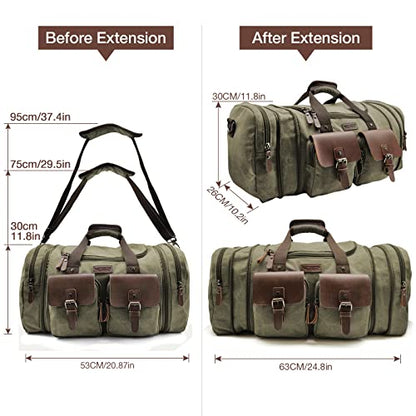 Wildroad 50L Travel Duffel Bag, Expandable Canvas Genuine Leather Duffle Bag Upgraded Overnight Weekender Carry on Bag - color: Army Green, size: Large-50L Duffle Bag