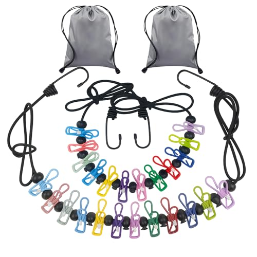 Travel Clothesline Retractable Portable Clothesline with 12 Clips Portable Elastic Camping Clothes Line with Anti-Slip Beads & Stainless Hooks for Hotel, RV, Boat, Outdoor Use (2 Pack) - size: 2 Pack