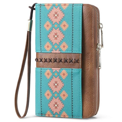 BOSTANTEN Wallets for Women Leather RFID Double Zipper Around Credit Card Holder Large Capacity Wristlet Clutch Wallet - color: Green＆brown Floral
