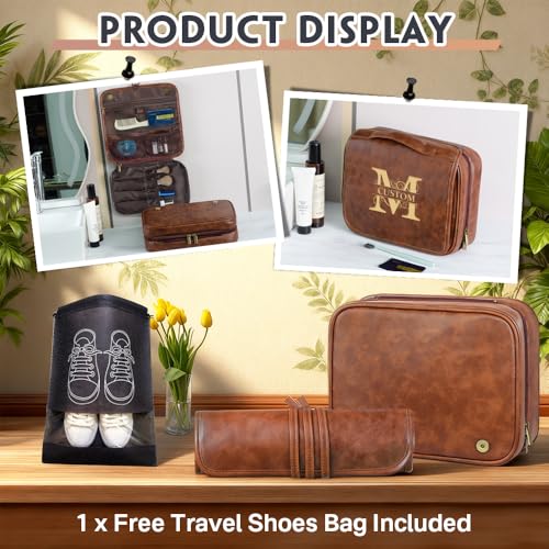 Custom 3-in-1 PU Leather Toiletry Bag For Men Personalized Hanging Travel Organizer Bag for Father Husband Boyfriend (Dark Brown) - color: Dark Brown