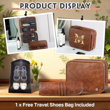 Custom 3-in-1 PU Leather Toiletry Bag For Men Personalized Hanging Travel Organizer Bag for Father Husband Boyfriend (Black) - color: Black
