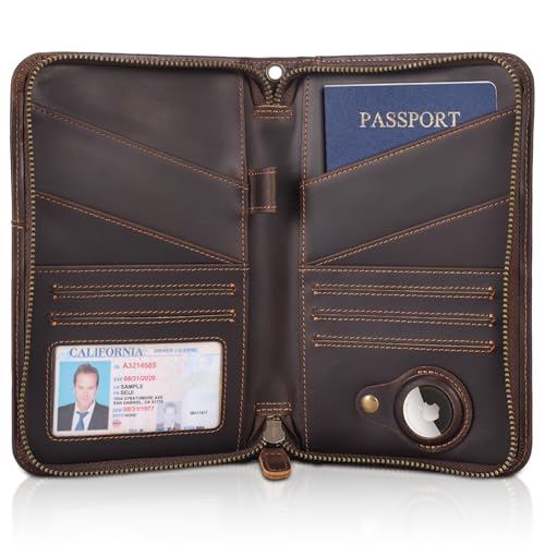 Polare Full Grain Leather Passport Holder Cover Case for Men and Women RFID Blocking Family Travel Wallet Holds 6 Passports - color: Dark Brown with AirTag Slot