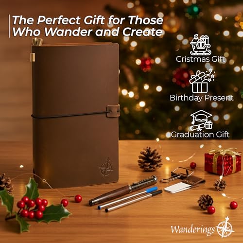 WANDERINGS Regular Size Travelers Notebook Bundle – 4.5" x 8.5" (11.5 x 22cm) – Genuine Leather Journal with Pen Holder, Pen, 2 Ink Refills, PVC Folder & Binder Clip - size: Standard