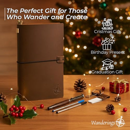 WANDERINGS Regular Size Travelers Notebook Bundle – 4.5" x 8.5" (11.5 x 22cm) – Genuine Leather Journal with Pen Holder, Pen, 2 Ink Refills, PVC Folder & Binder Clip - size: Standard