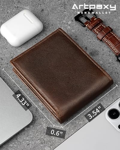 Artpaxy Mens Wallet Genuine Leather Bifold RFID Blocking Wallet for Men with 1 ID Window 13 Card Holders 2 cash pockets 1 Gift Box - color: Dark Brown