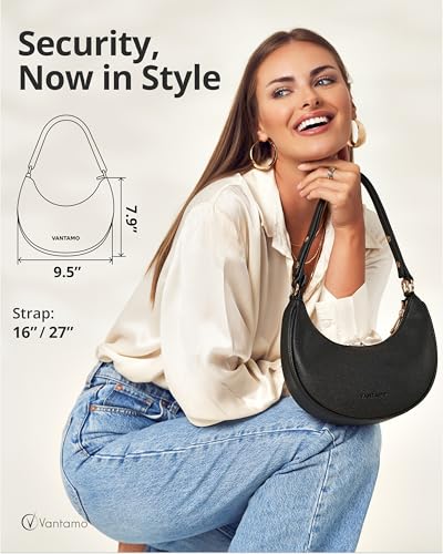 Vantamo Crescent Bags For Women with RFID Protection, Half Moon Clutch Purses for Women with Anti-Theft Clip for Extra Safety - color: Black