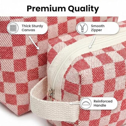 3 Pcs Canvas Makeup Bag Set Checkered Cosmetic Pouch for Women Travel Toiletry Bag Cute Makeup Organizer Purse Pouch Preppy Pencil Case with Zipper (Checkered Red) - color: Checkered Red