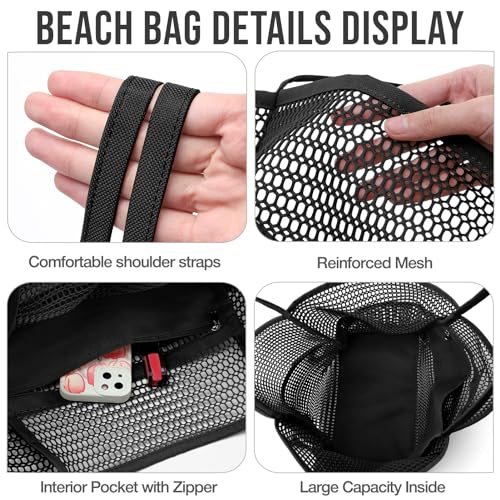 KPX Beach Bag with Mini Pocket, Summer Beach Tote Bags for Women Large Foldable Mesh Swimming Pool Travel Bags - Sandproof - color: Black